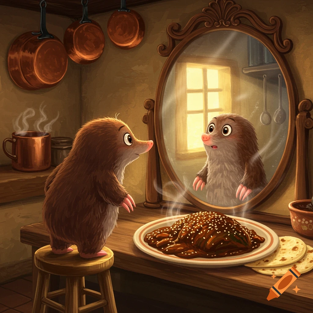 A brown cartoon mole stands on a stool, looking at its reflection in a mirror next to a plate of mole food in a rustic kitchen.