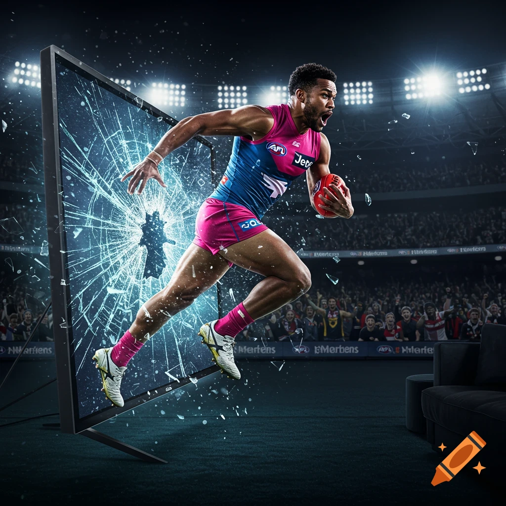 Photorealistic image of an AFL player bursting out of a shattered TV screen onto a stadium field, holding a football.
