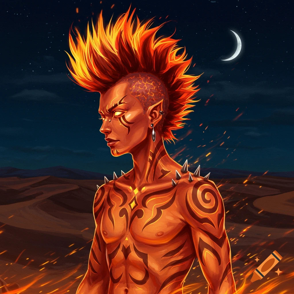 A vibrant fantasy illustration of a fire Genasi with fiery punk hair, glowing eyes, and tribal tattoos, standing in a desert at night under a crescent moon.