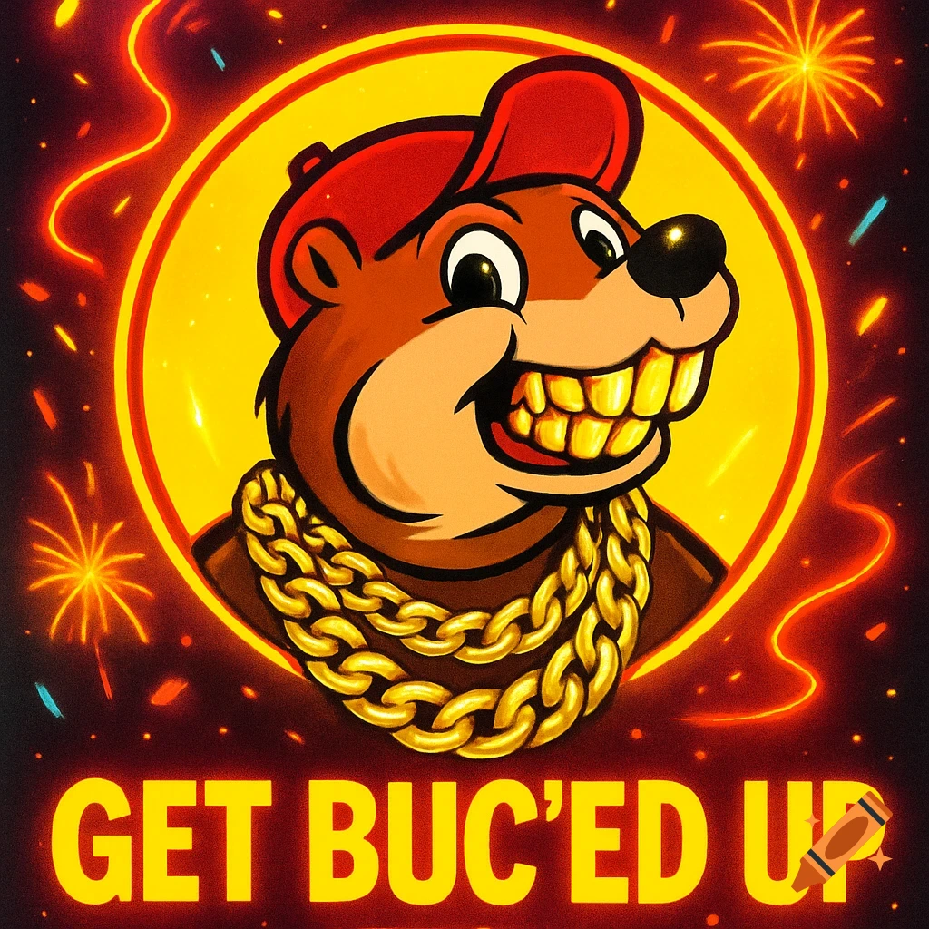 Cartoon beaver mascot with gold teeth and a gold chain, wearing a red cap, against a yellow circle with fireworks. Text reads 'GET BUC'ED UP'.