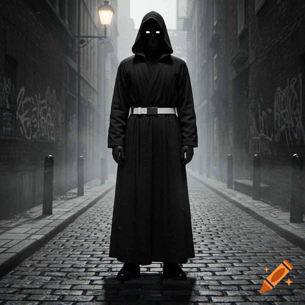 A mysterious cloaked figure with glowing white eyes stands in a dark, foggy alleyway with cobblestone streets and brick buildings.