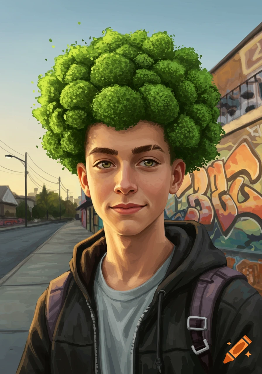 A smiling young male character with green broccoli-shaped hair stands on an urban street with graffiti in the background.