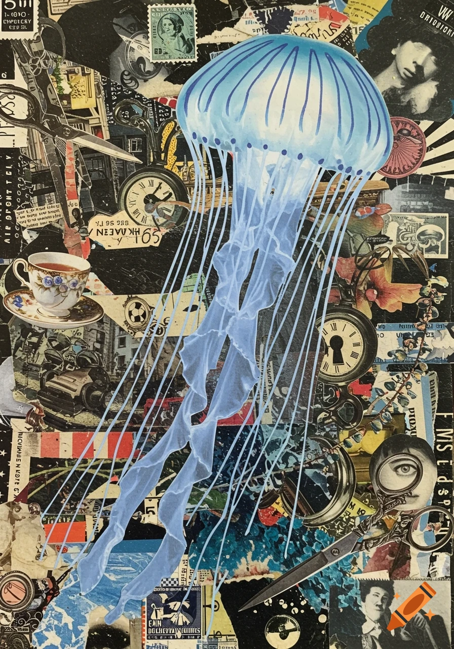 A Dadaist collage features a glowing blue jellyfish with long tentacles floating amidst a busy background of fragmented black and white newspaper clippings, stamps, tea cups, scissors, and clocks.