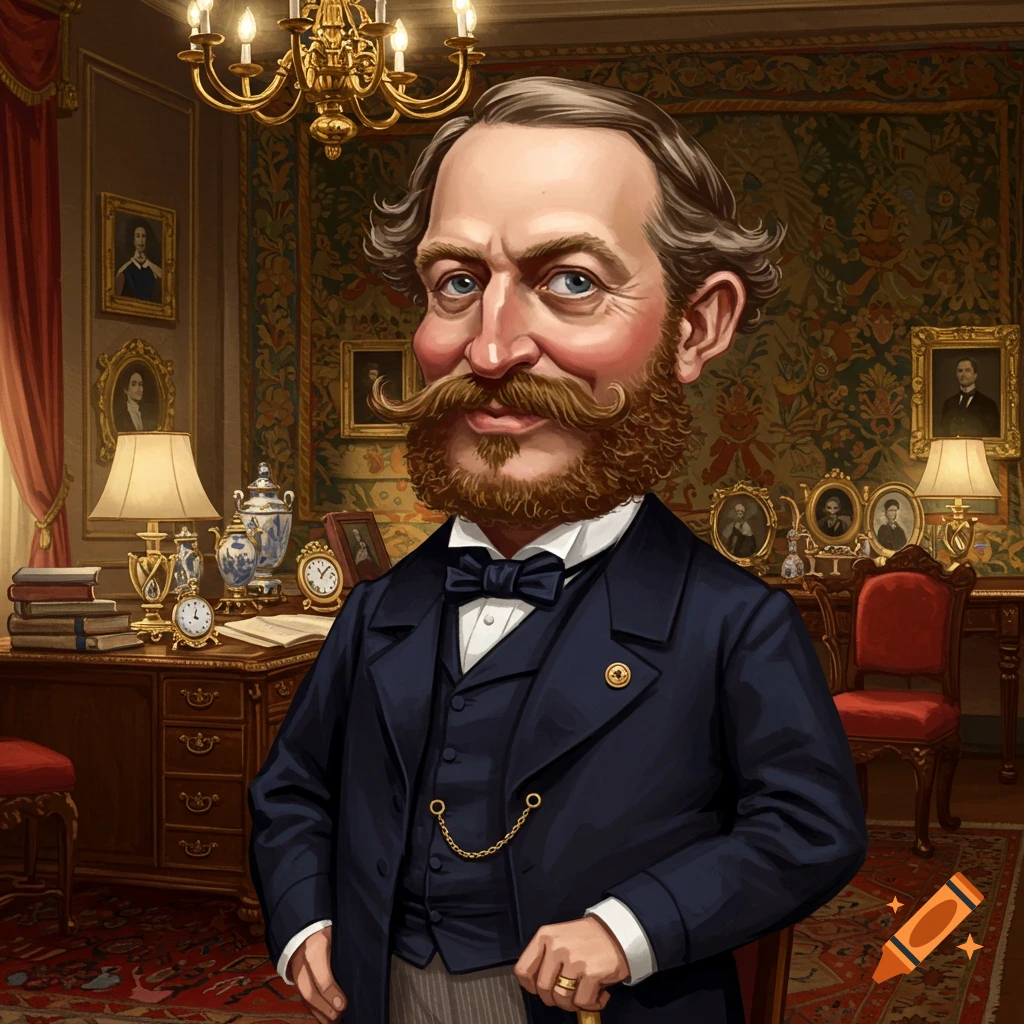 A caricature portrait of a bearded man in a suit standing in a Victorian-era study.