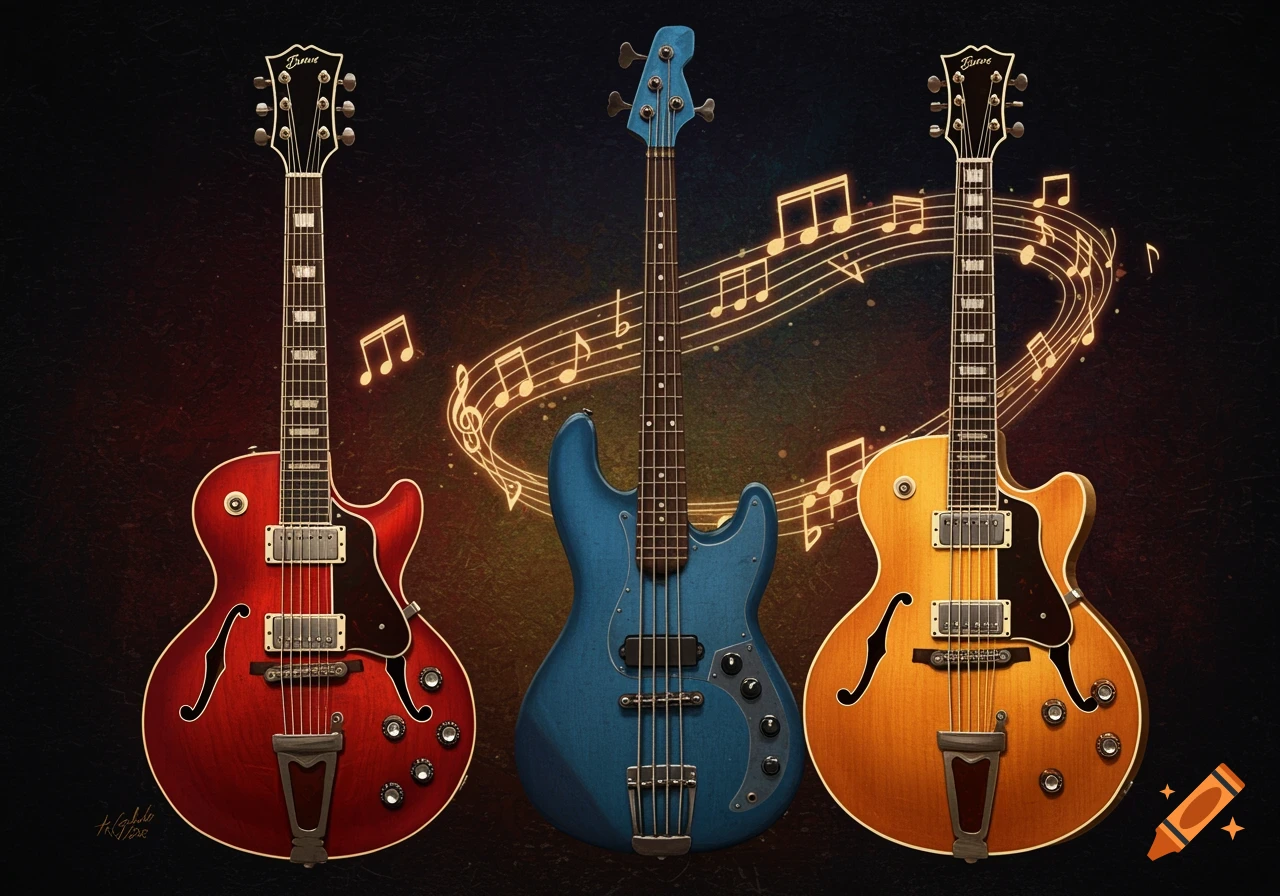 Three guitars - red electric, blue bass, orange acoustic - with glowing musical notes on a dark background.