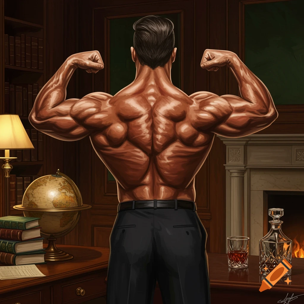 A muscular man, seen from behind, flexes his biceps in a luxurious study with bookshelves, a globe, and a fireplace.