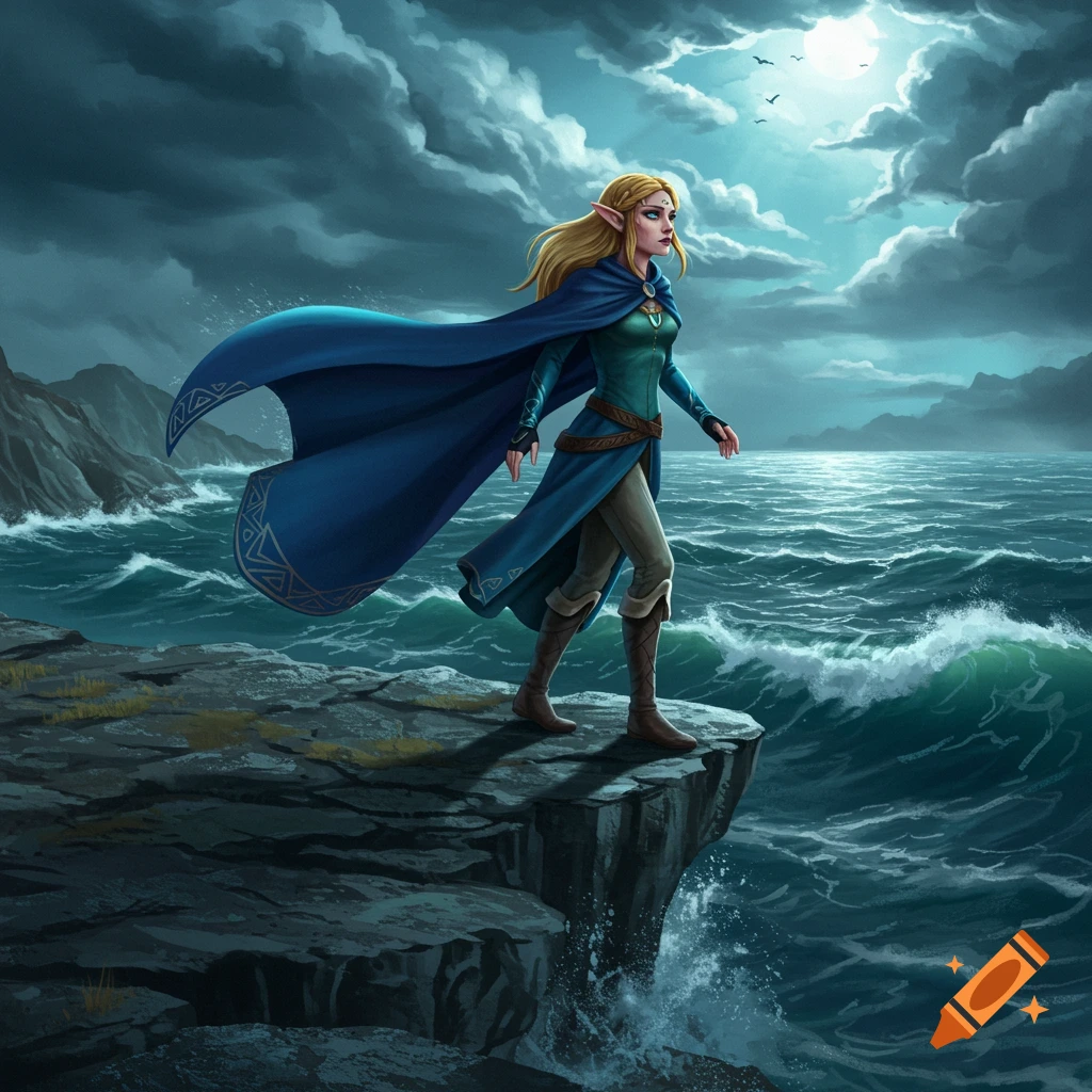 A character resembling Zelda stands on a cliff overlooking a stormy sea under a moonlit, cloudy sky, her blue cape blowing in the wind.