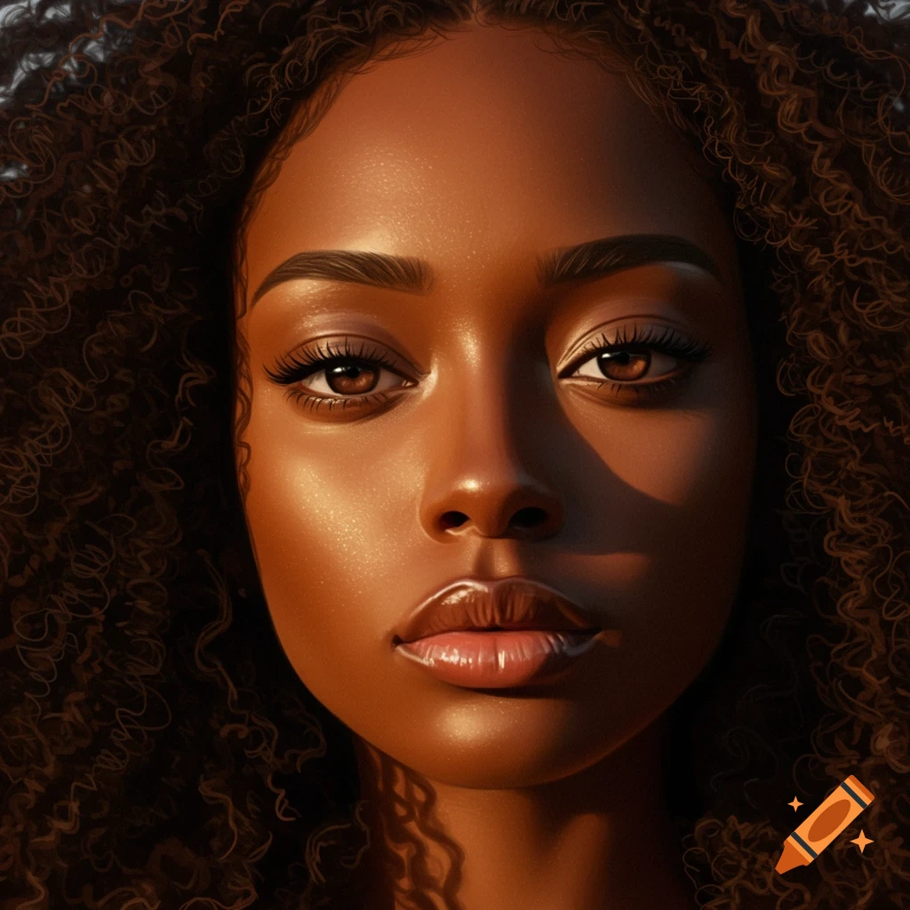 Close-up, photorealistic portrait of a young Black woman with curly hair, illuminated by warm light.