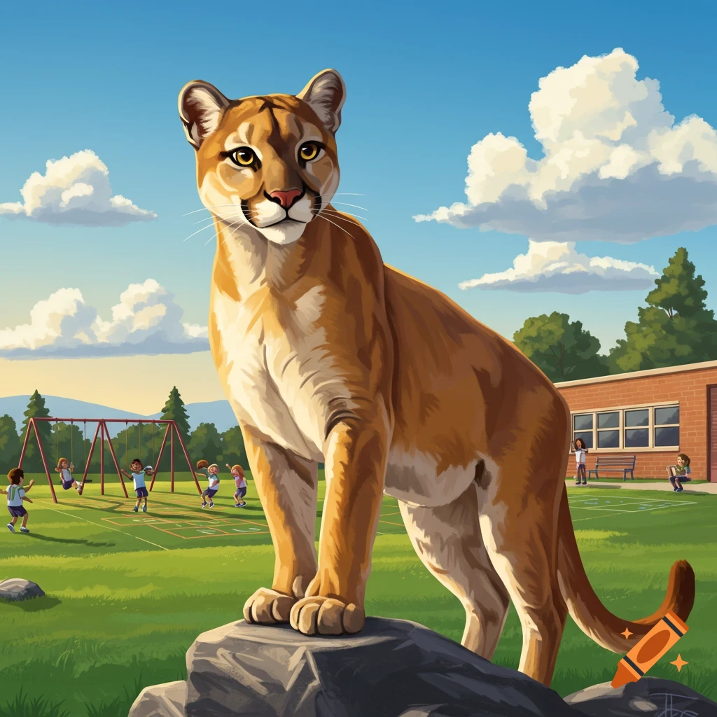 A large cougar stands on a rock in front of an elementary school playground with children playing.