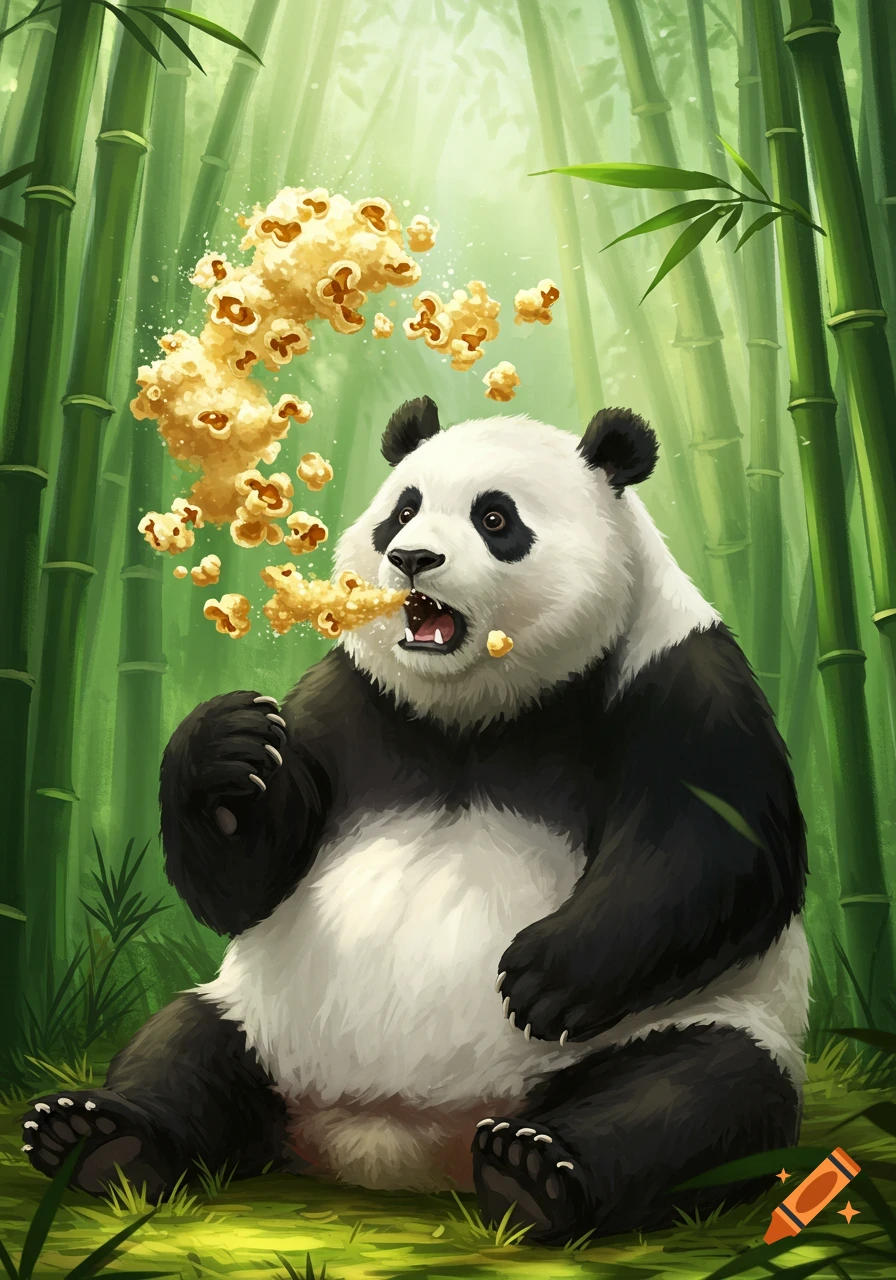 An illustrated panda sits in a bamboo forest, sneezing a cloud of popcorn.