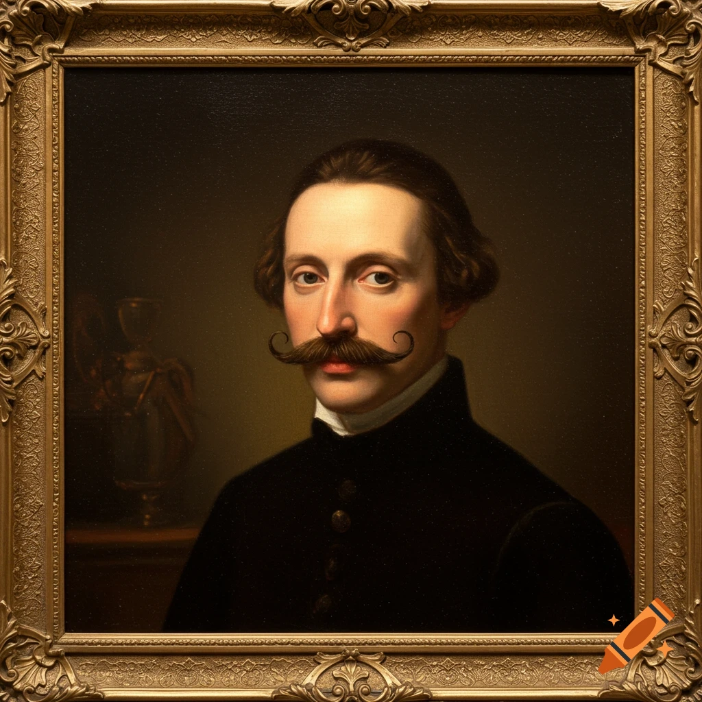 An oil painting portrait of a man with a prominent curled mustache, wearing a dark jacket, within an ornate gold frame.