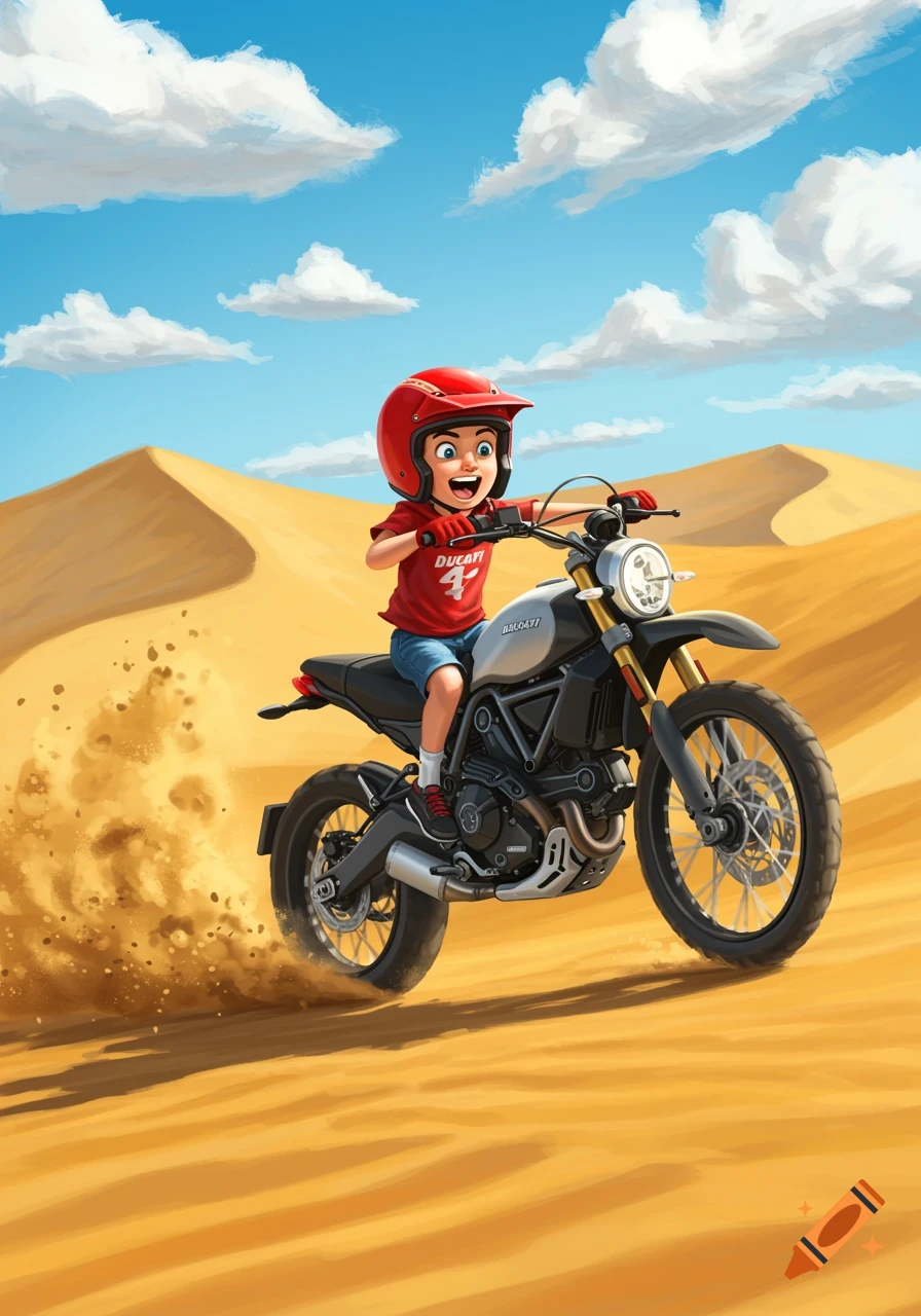 Cartoon boy in a red helmet and shirt riding a Ducati dirt bike in a sandy desert under a blue sky.