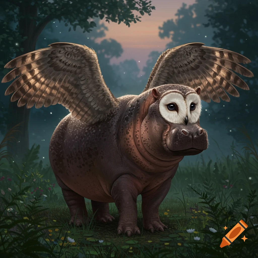 A photorealistic hippo-owl hybrid with large owl wings and an owl face stands in a dark forest at dusk.