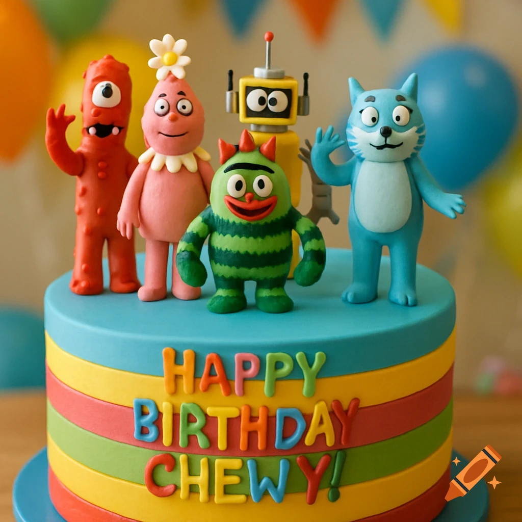A vibrant birthday cake decorated with colorful 'Yo Gabba Gabba!' characters and 'HAPPY BIRTHDAY CHEWY!' text.