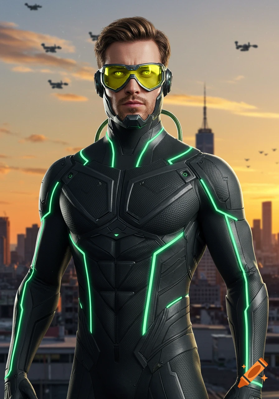 A photorealistic image of a man in a black futuristic superhero suit with glowing green lines and yellow goggles, standing against a cityscape at sunset.