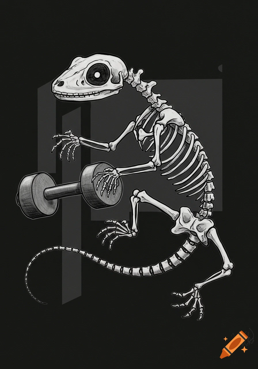 A black and white outline drawing of a lizard skeleton lifting a dumbbell. The background is dark with some faint rectangular shapes.