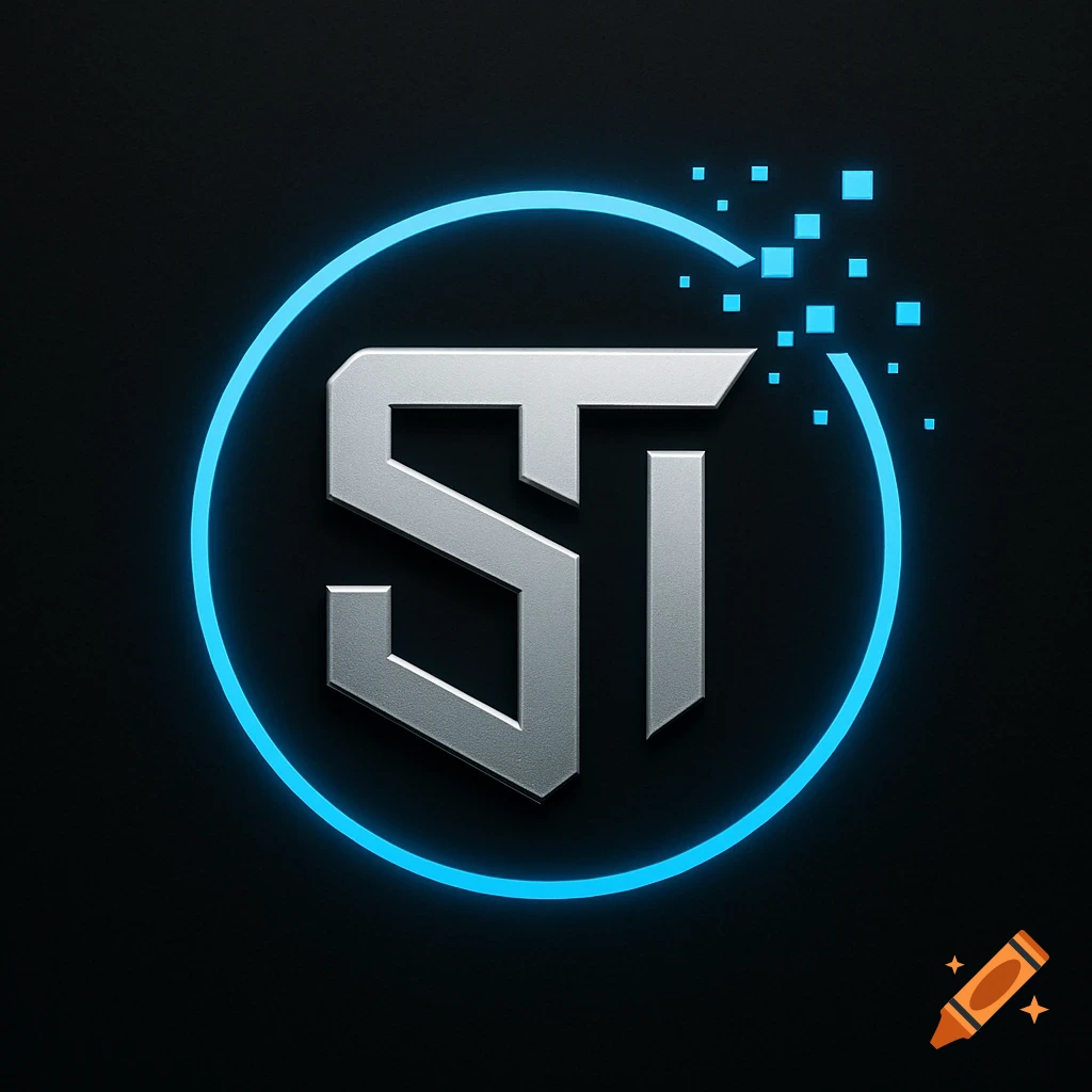 A metallic silver 'ST' monogram logo set inside a glowing neon blue circle, with digital pixels emanating from the circle on a dark background.