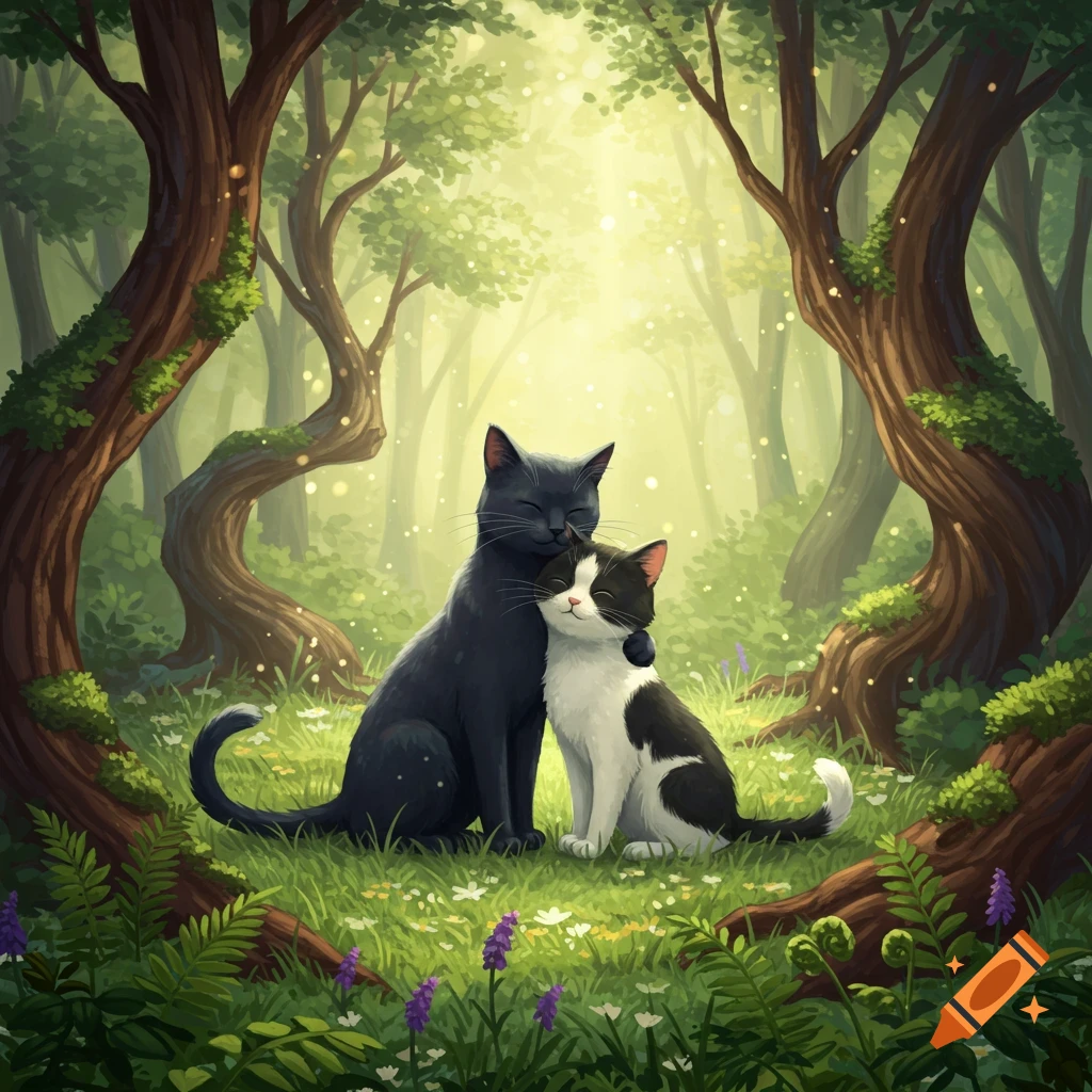 A black cat hugs a tuxedo cat in a lush, magical forest with dappled sunlight.