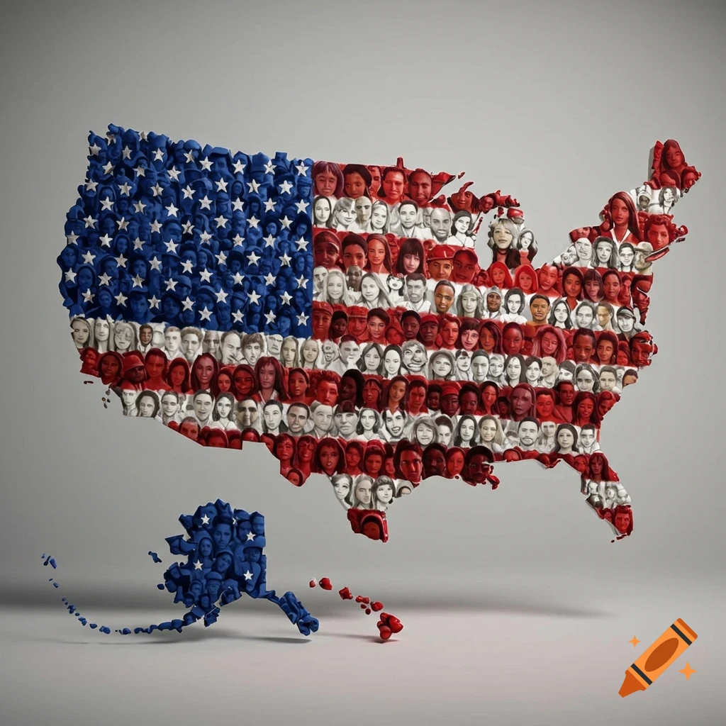 A map of the USA, Alaska, and Hawaii formed by a mosaic of diverse faces creating an American flag pattern.