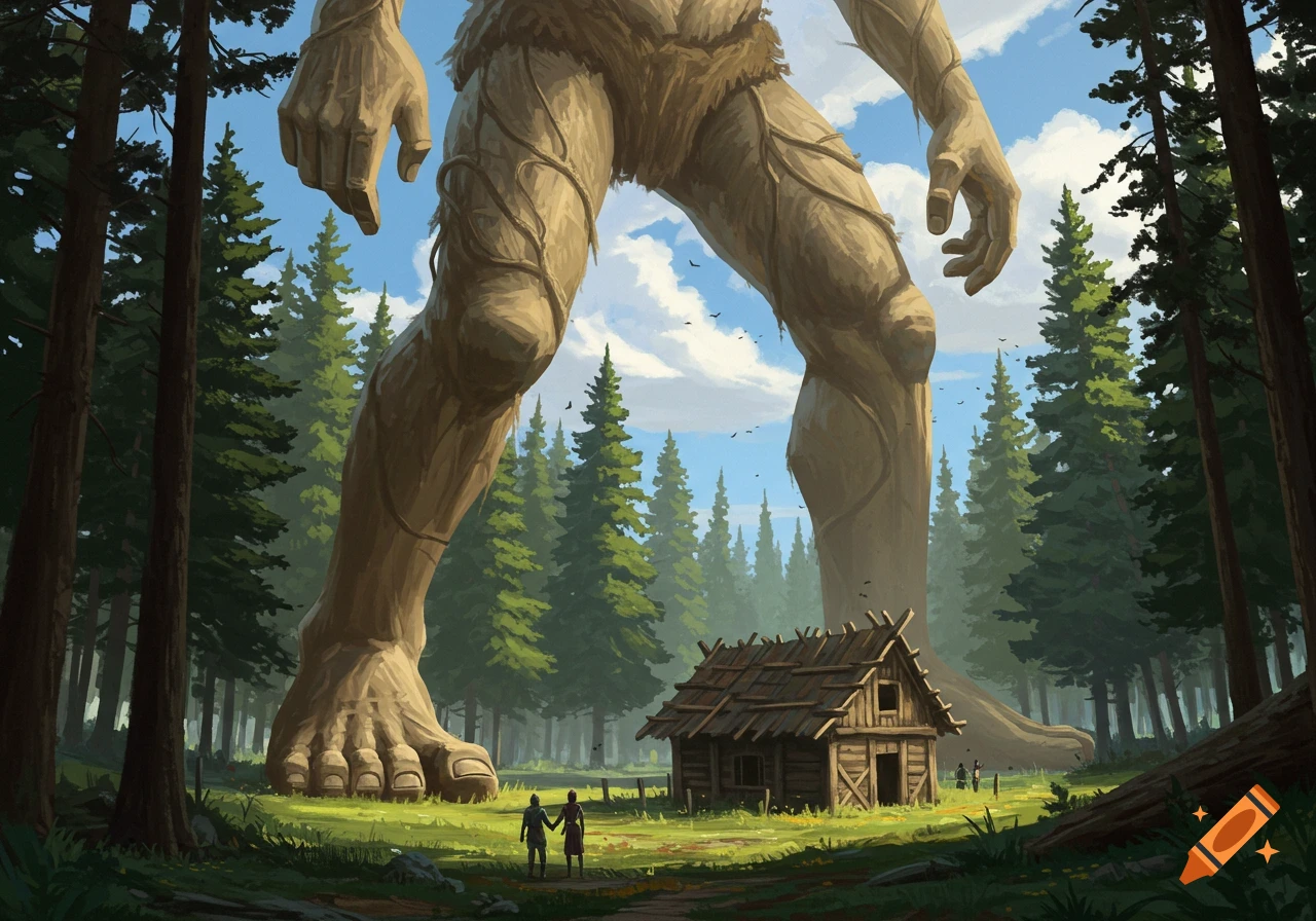 A colossal, tree-like giant overlooks a small wooden cabin and two tiny figures in a forest clearing.