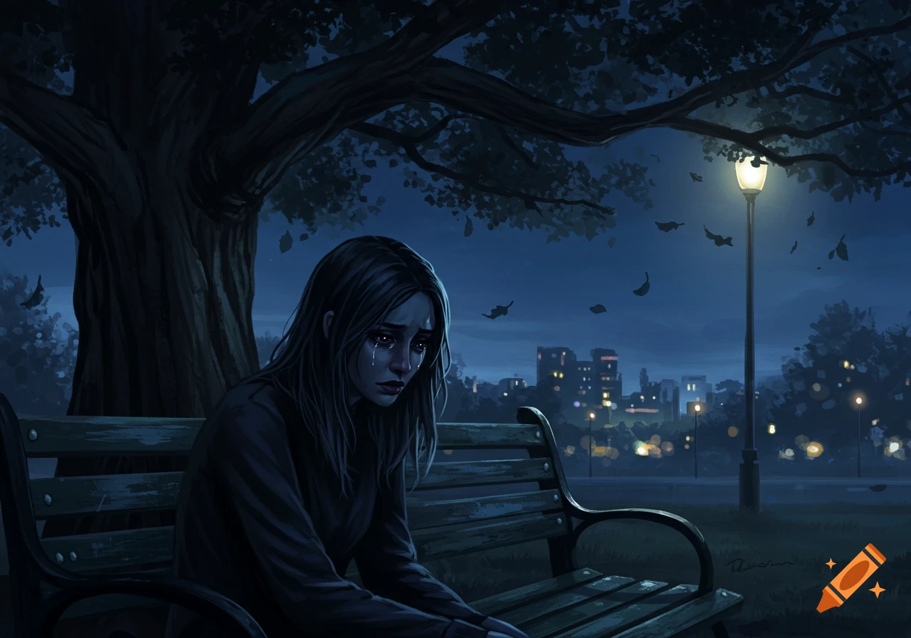 A woman sits crying on a park bench at night under a tree, with city lights in the background. Digital art.