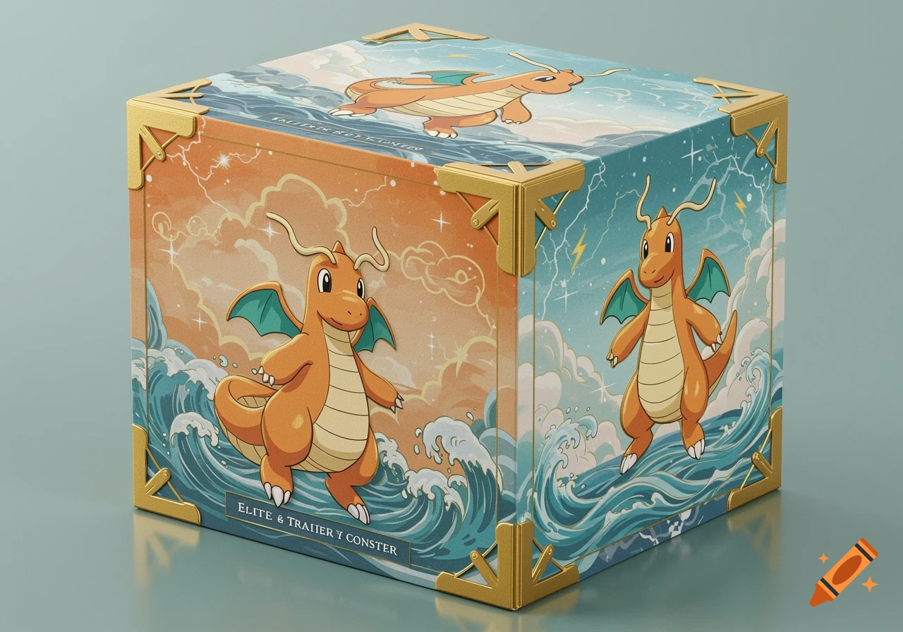 A 3D render of a cuboid box with golden corners, illustrated with multiple Dragonite characters on wavy, cloudy backgrounds.