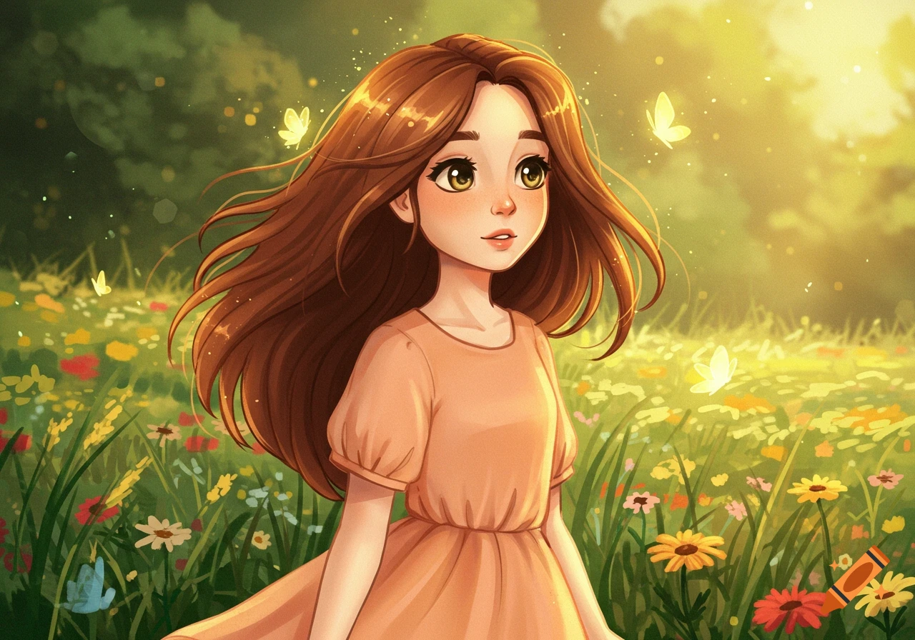 Animated illustration of a young girl with long brown hair in a peach dress, standing in a field of wildflowers with glowing butterflies under a sunny sky.