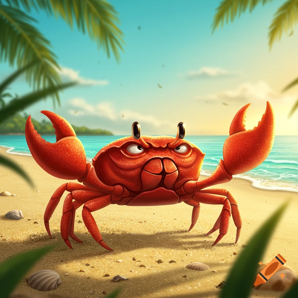 A grumpy, angry red crab with raised claws stands on a tropical beach at sunset.