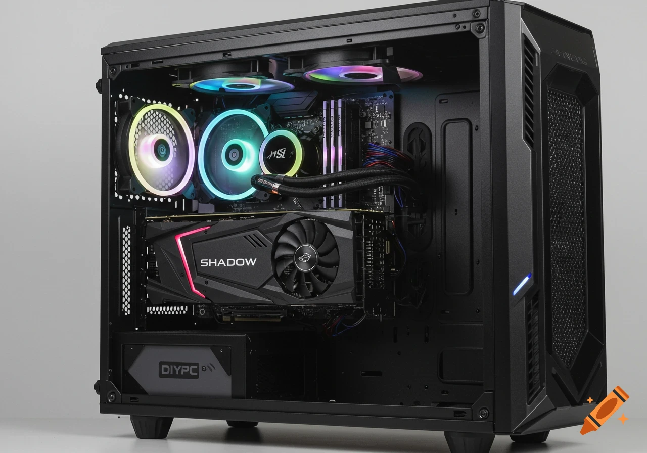 A black computer case open, revealing internal components like colorful glowing RGB fans, a graphics card, and other hardware.