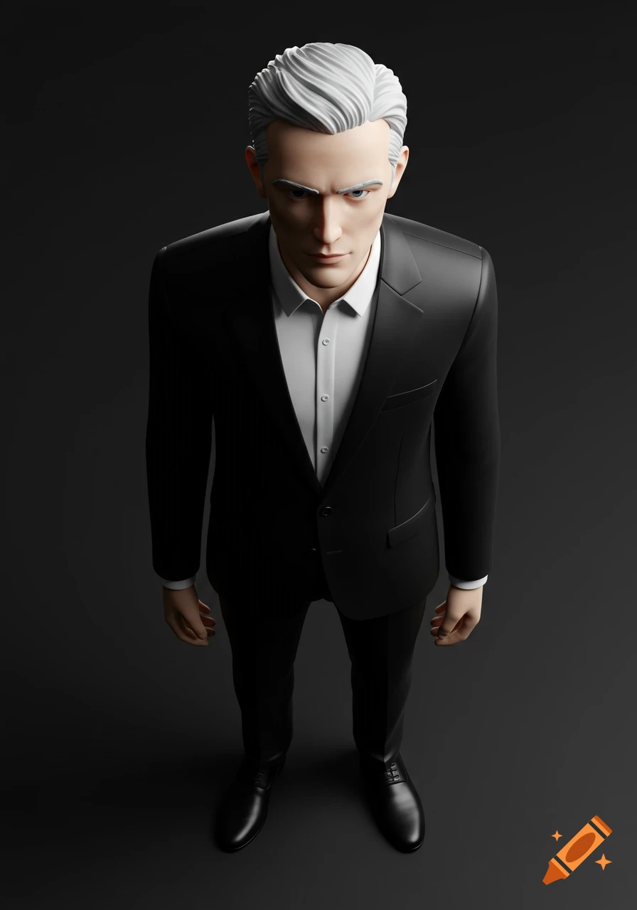 A stylized 3D man with white hair, wearing a black suit and white shirt, viewed from an overhead angle on a dark background.