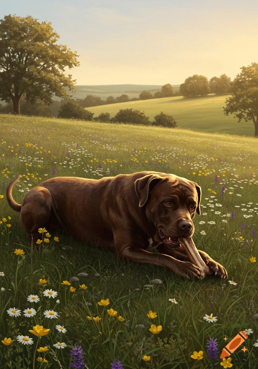 A brown dog lies in a grassy meadow filled with wildflowers, chewing a bone, with trees and hills in the background at sunset.