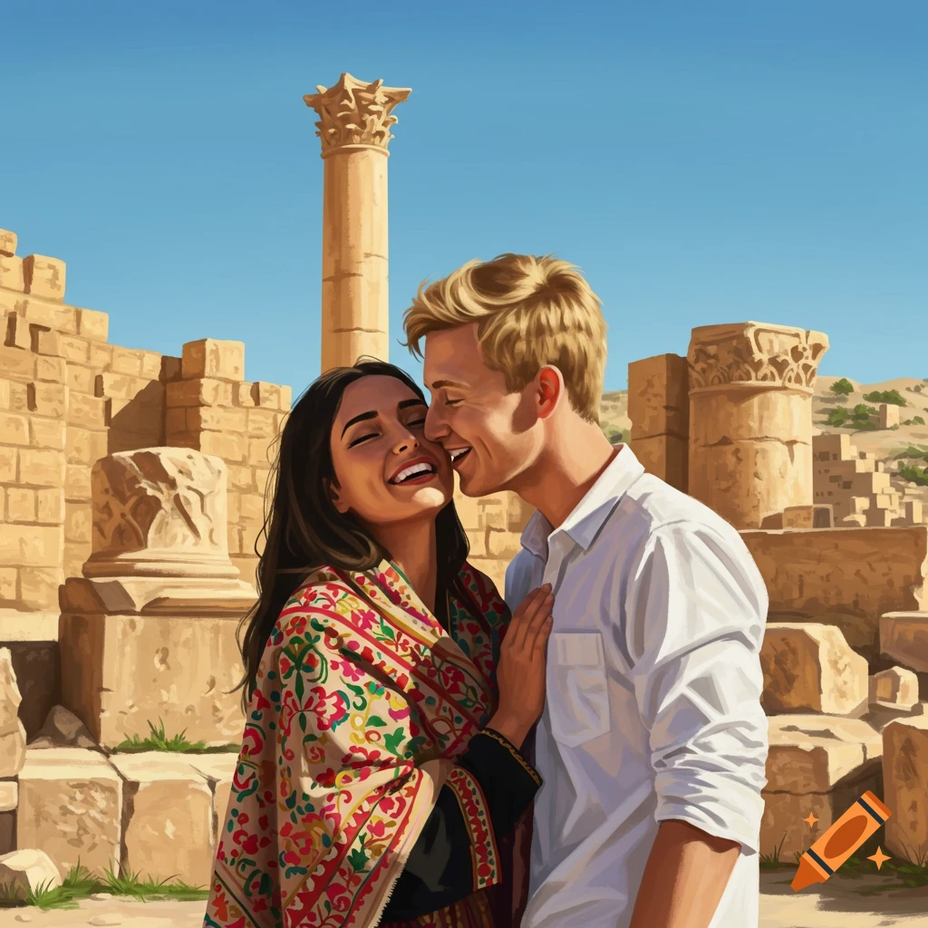 Digital painting of a smiling man kissing a woman's cheek amidst sunlit ancient stone ruins under a clear blue sky.