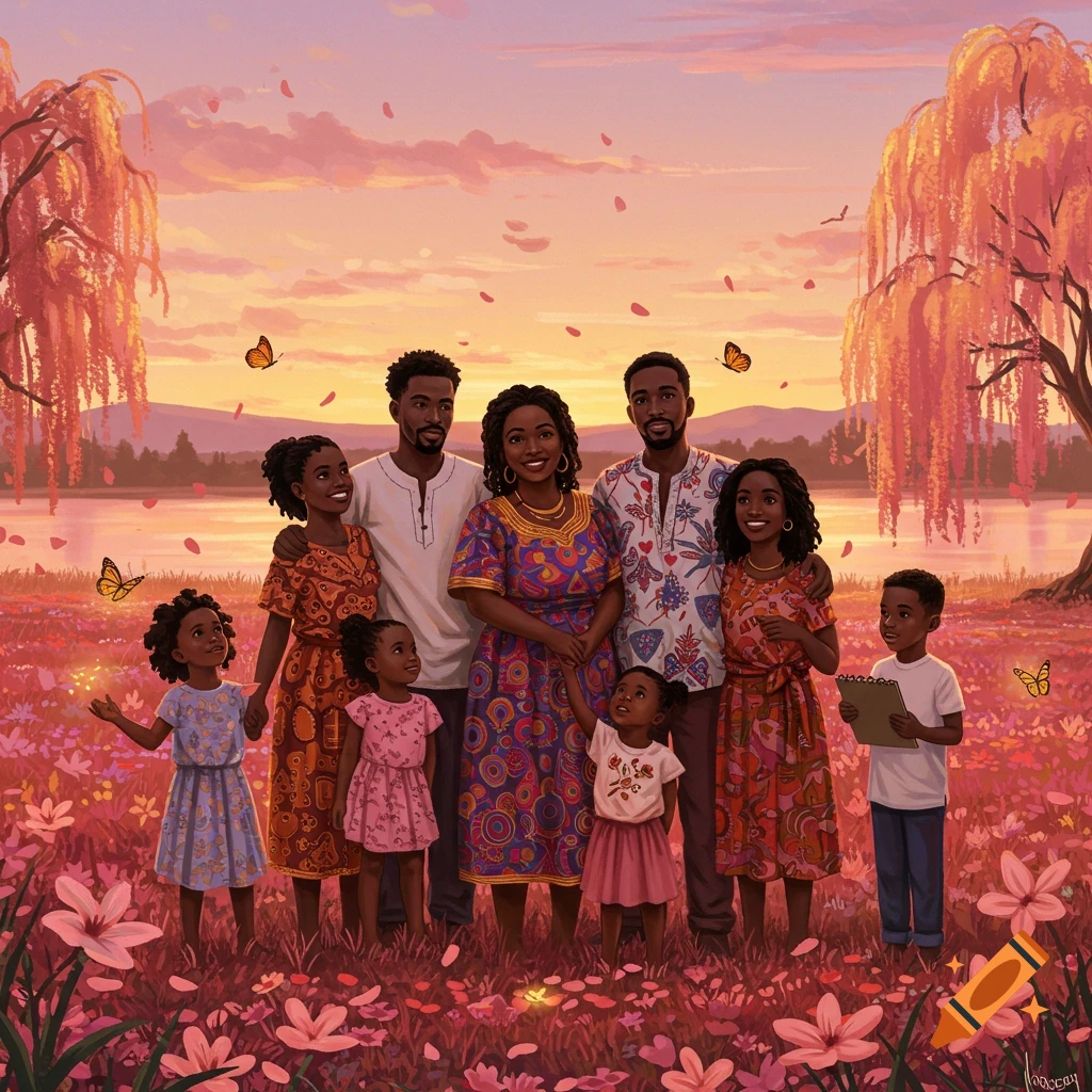 An illustration of a large Black family, with two parents and five children, standing in a vibrant pink and purple flower field at sunset.