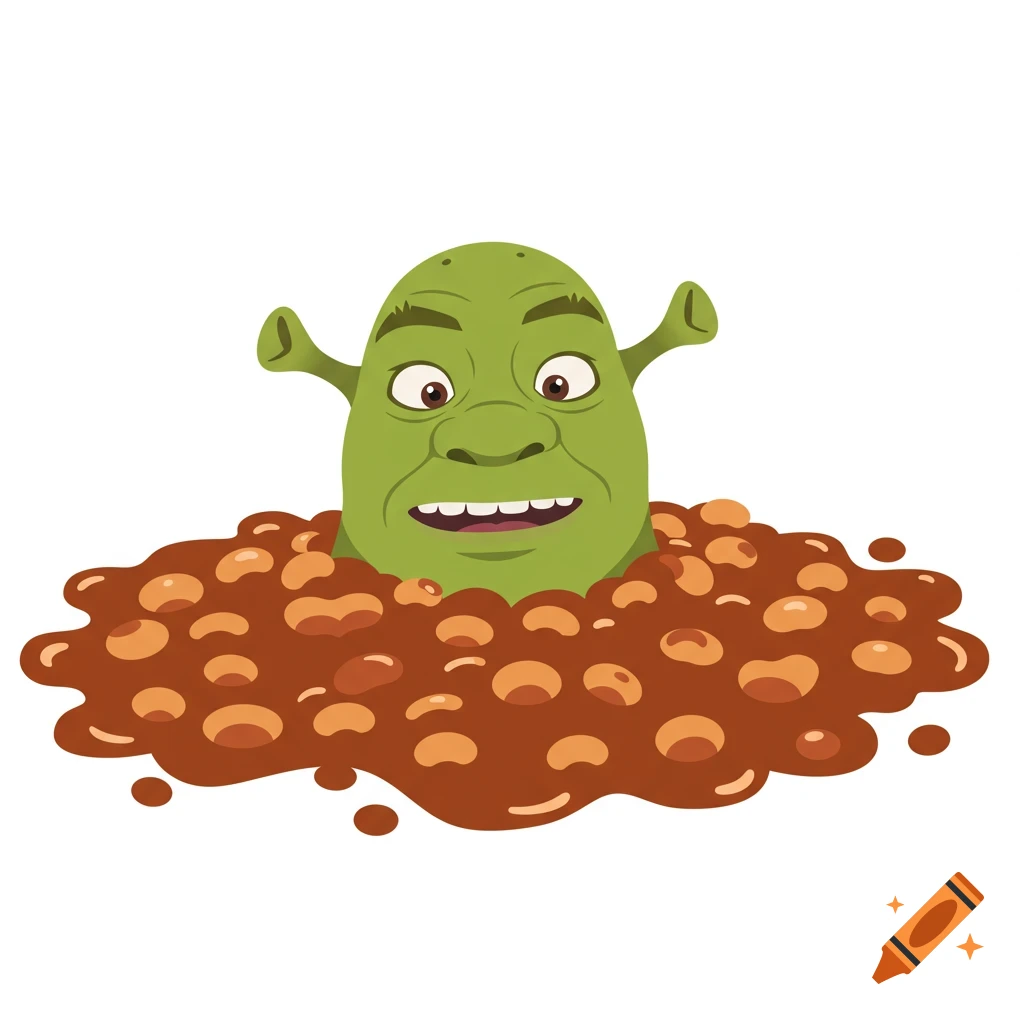 Cartoon illustration of Shrek's head emerging from a pile of baked beans.