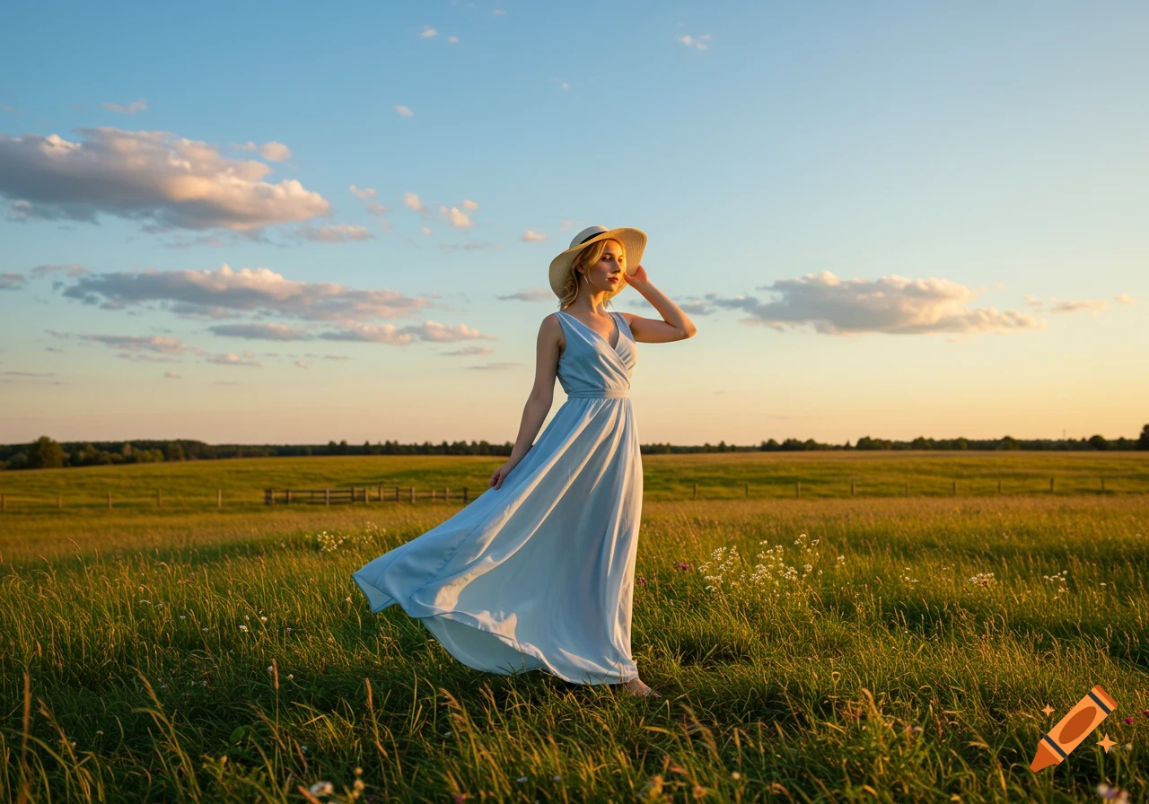Photorealistic image of a woman in a light blue dress and straw hat standing in a golden field at sunset.