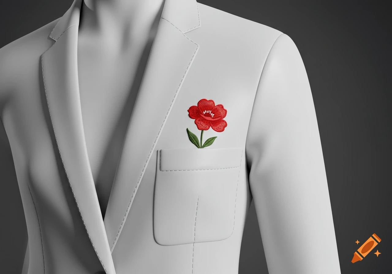White jacket with a red embroidered flower on the pocket.