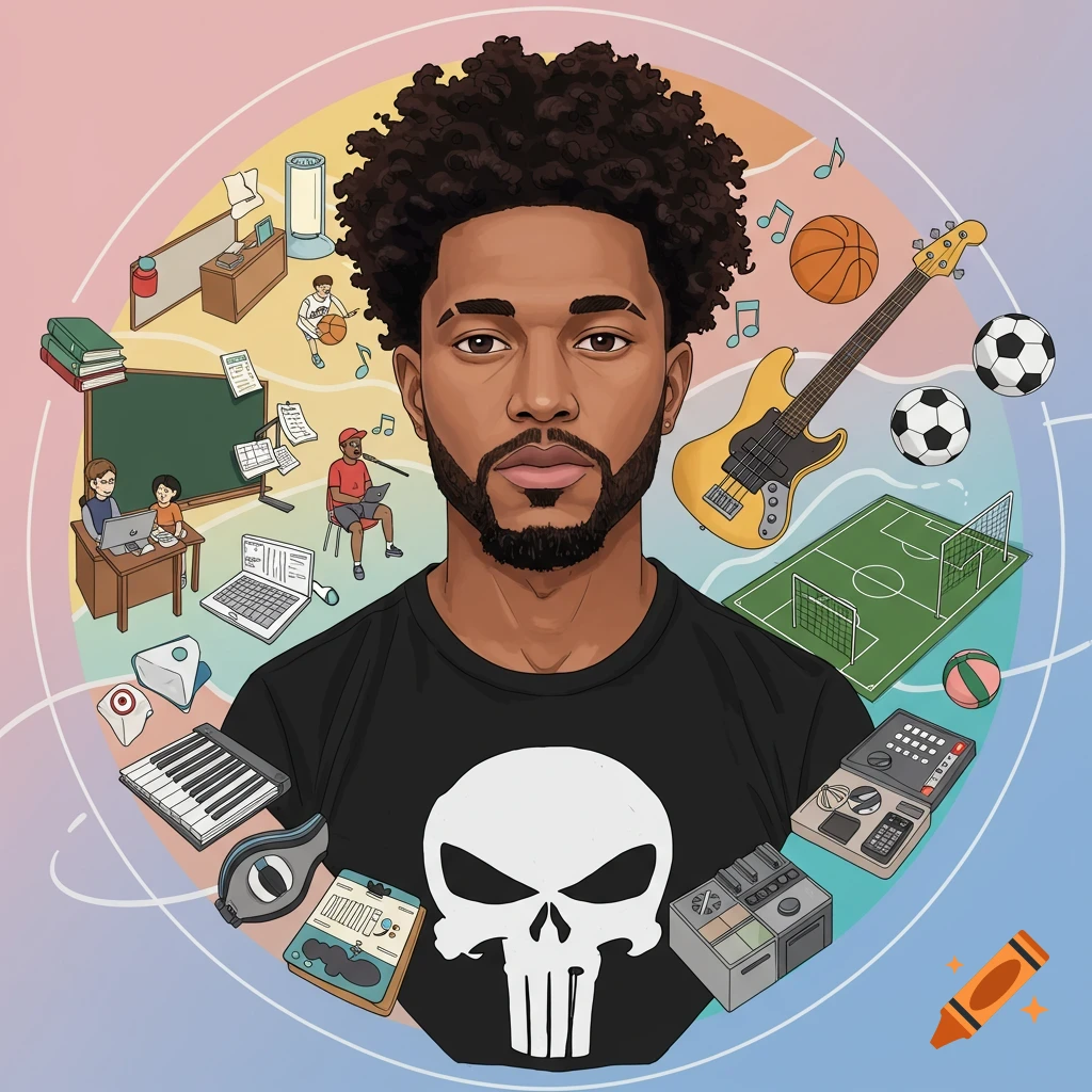 A stylized portrait of a man with curly hair and a beard, wearing a Punisher skull graphic tee. He is surrounded by elements representing various interests like education (classroom, books, laptops), sports (basketball, soccer, soccer field), and music (bass guitar, keyboard, mixer).
