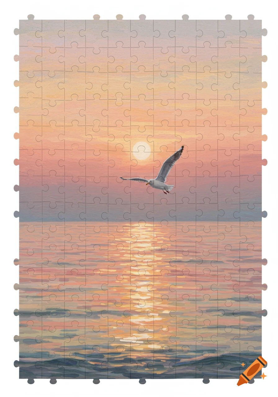 A painted seascape at sunset with a seagull flying over a shimmering ocean, depicted as a jigsaw puzzle.