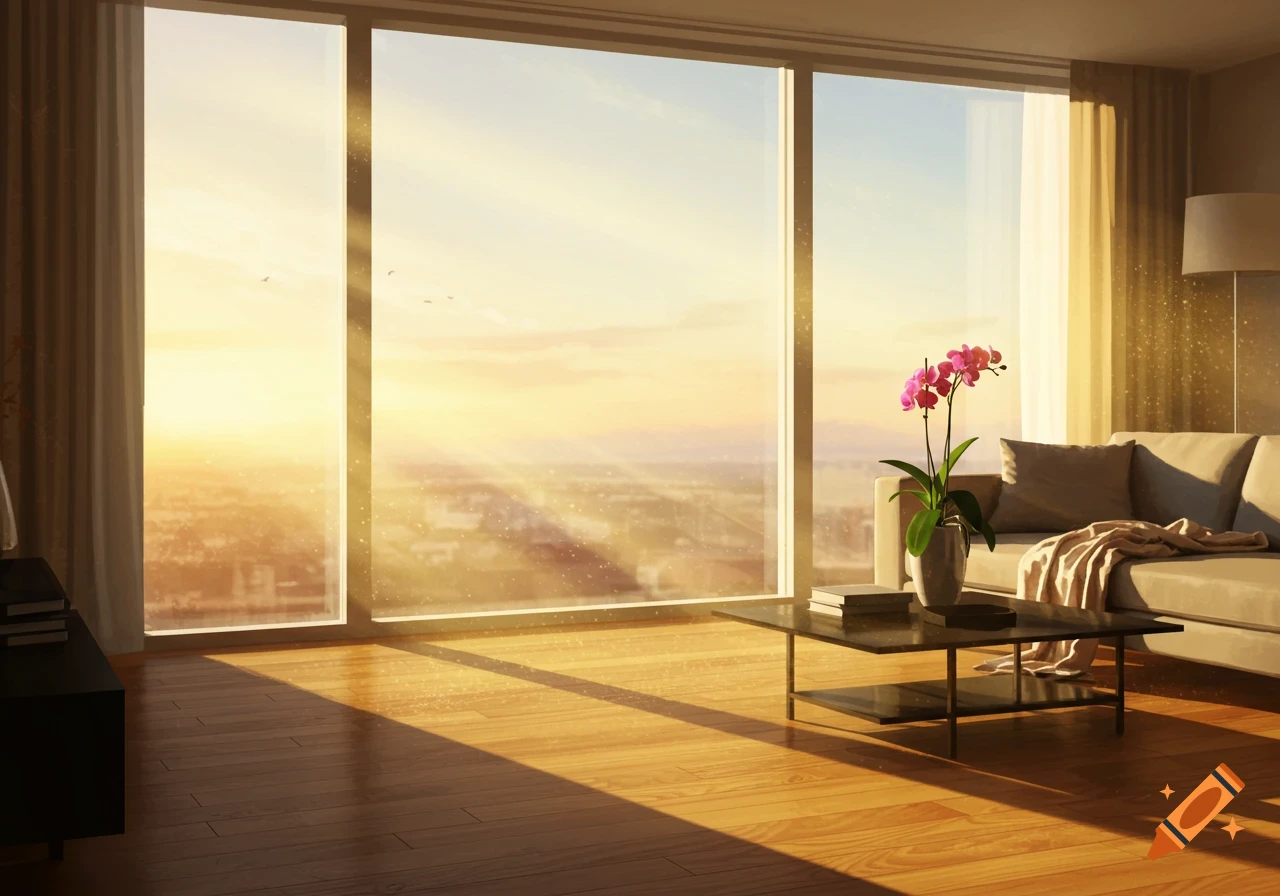 Sunlight streams into a modern apartment living room with large plate glass windows, revealing a city view, sofa, and orchid.