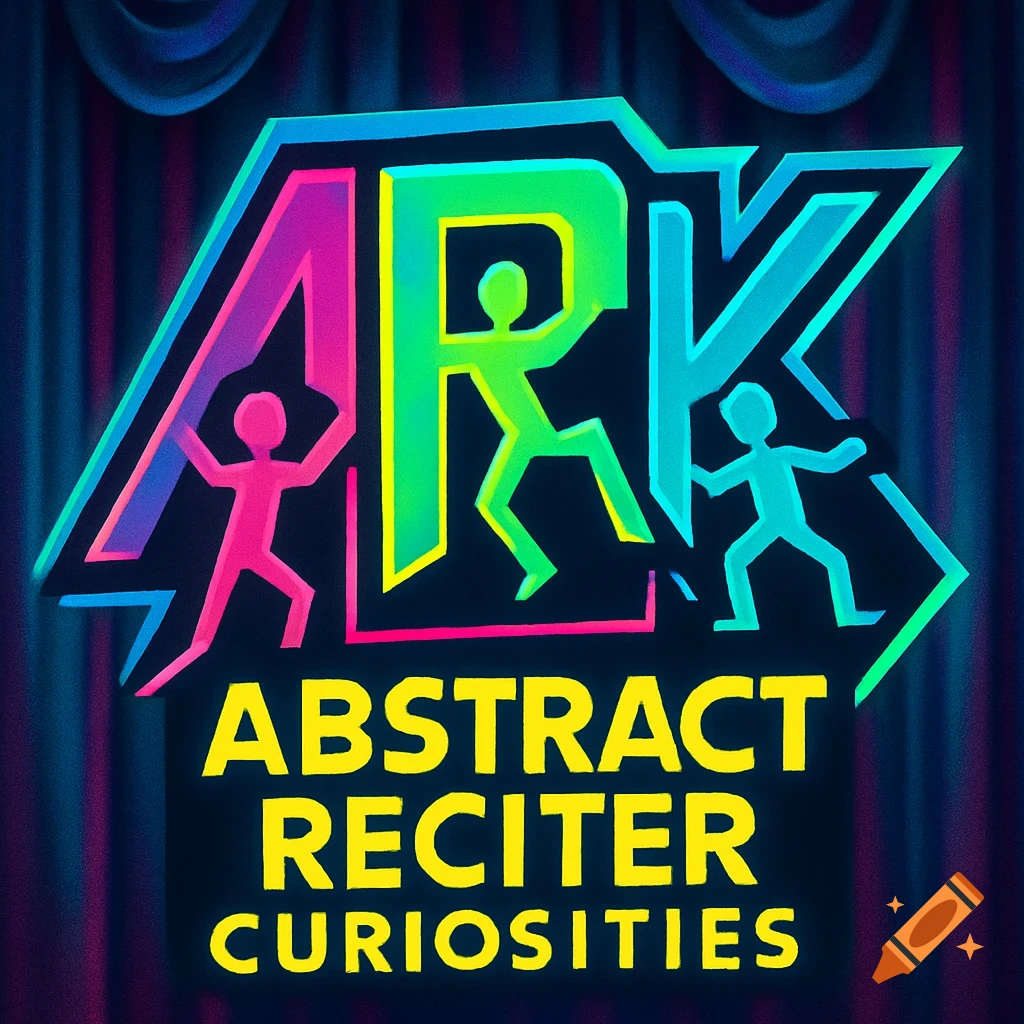 Neon 80s-style logo 'ARK' with abstract human figures in pink, green, and blue, over 'ABSTRACT RECITER CURIOSITIES'.