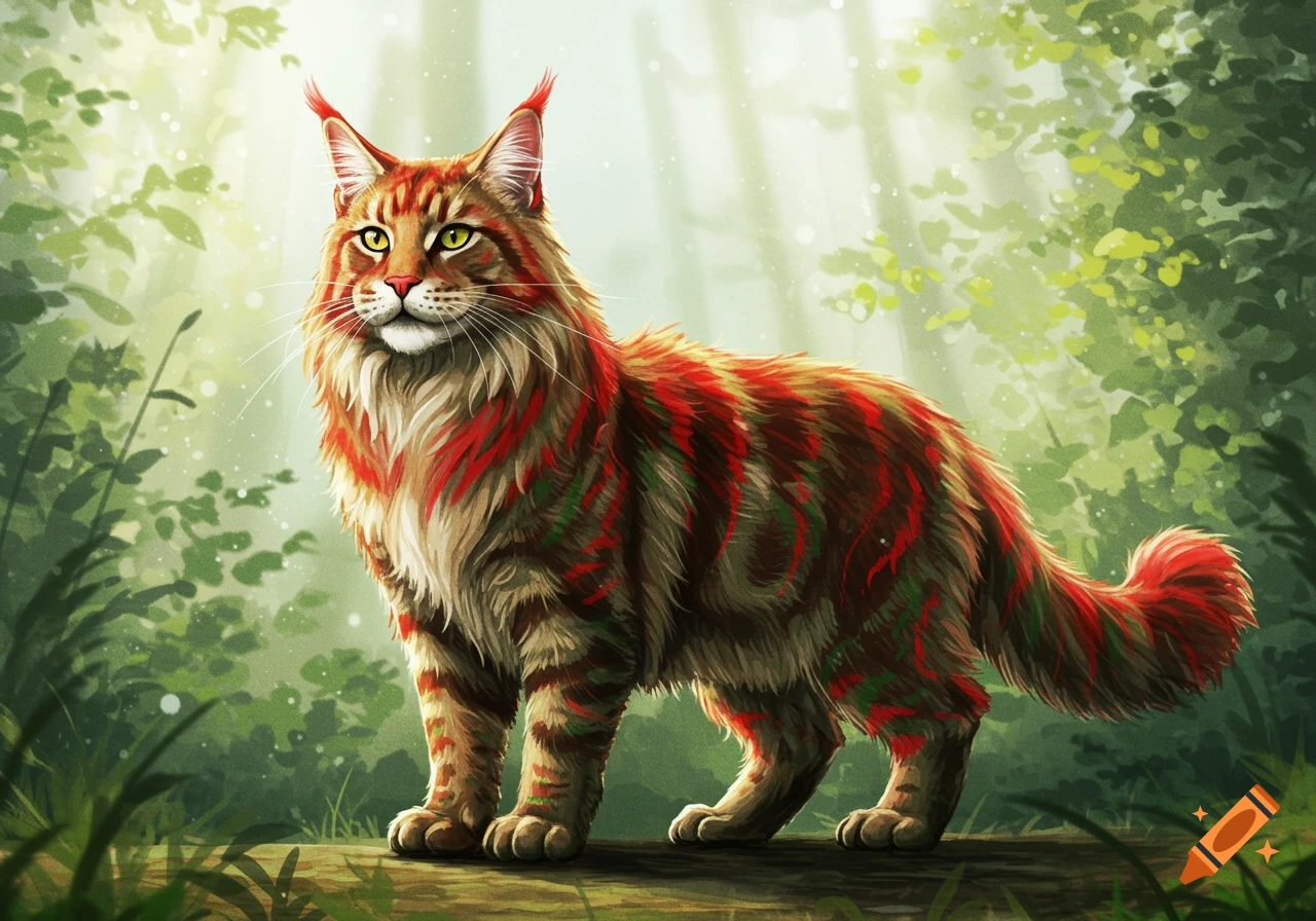 A colorful Maine Coon cat with red and green striped fur stands on a log in a sunlit forest, in a watercolor style.