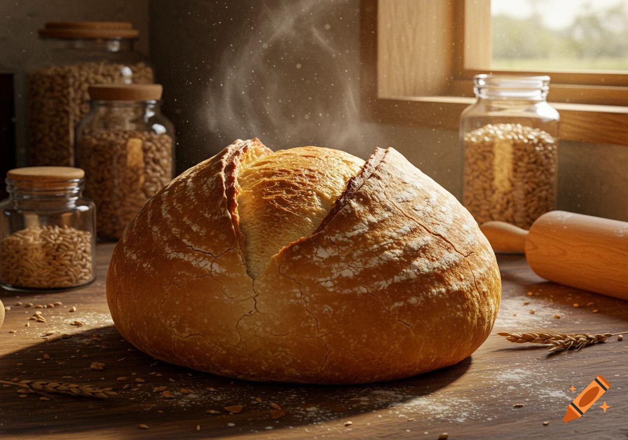 A warm, crusty loaf of bread steams on a wooden table, with grain jars and a rolling pin in sunlight.