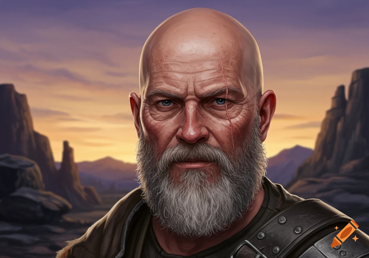 A detailed portrait of a stern, bald, gray-bearded man with a scar on his left cheek, wearing armor, against a sunset desert landscape.