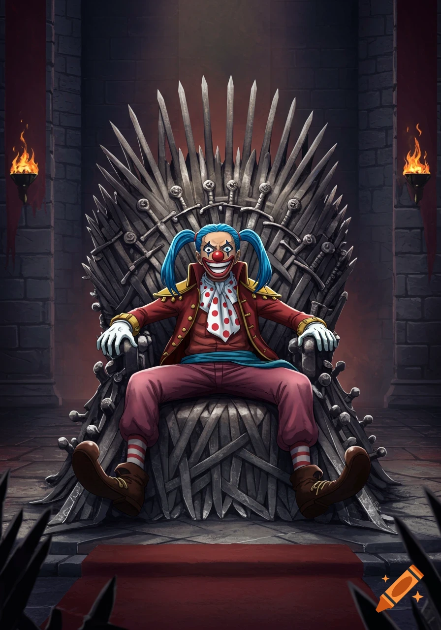 Anime illustration of Buggy the Clown from One Piece sitting on the Iron Throne in a dark castle hall.