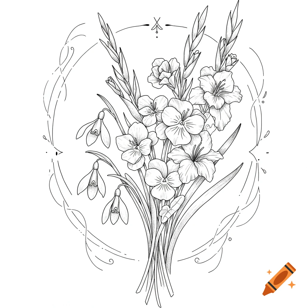 A black and white line art illustration of a bouquet with snowdrops, violets, and gladioli flowers, framed by decorative swirls.