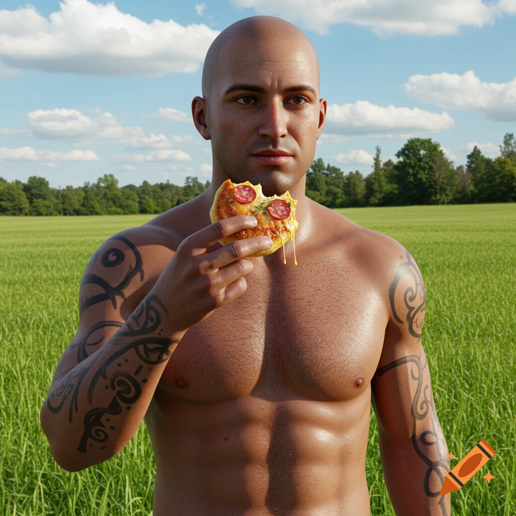 A photorealistic image of a bald, muscular man with tattoos eating a pizza roll in a green field under a blue sky.