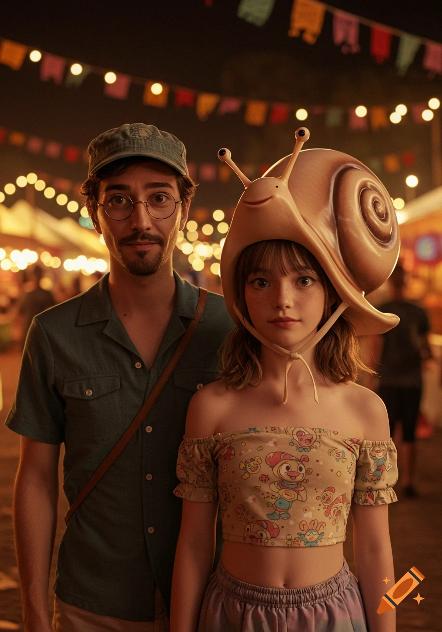 A man in a cap and a girl in a snail hat and tube top pose at a night festival.