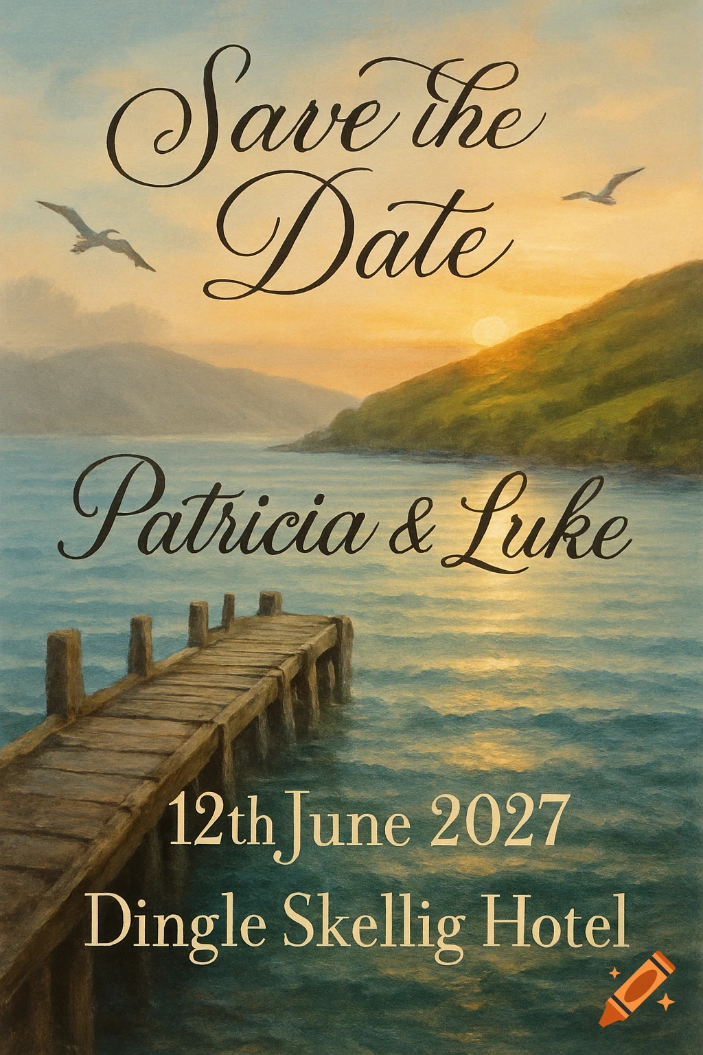 A save the date wedding invitation with a painted landscape of a pier on a lake at sunset, mountains in the background, and seagulls flying.