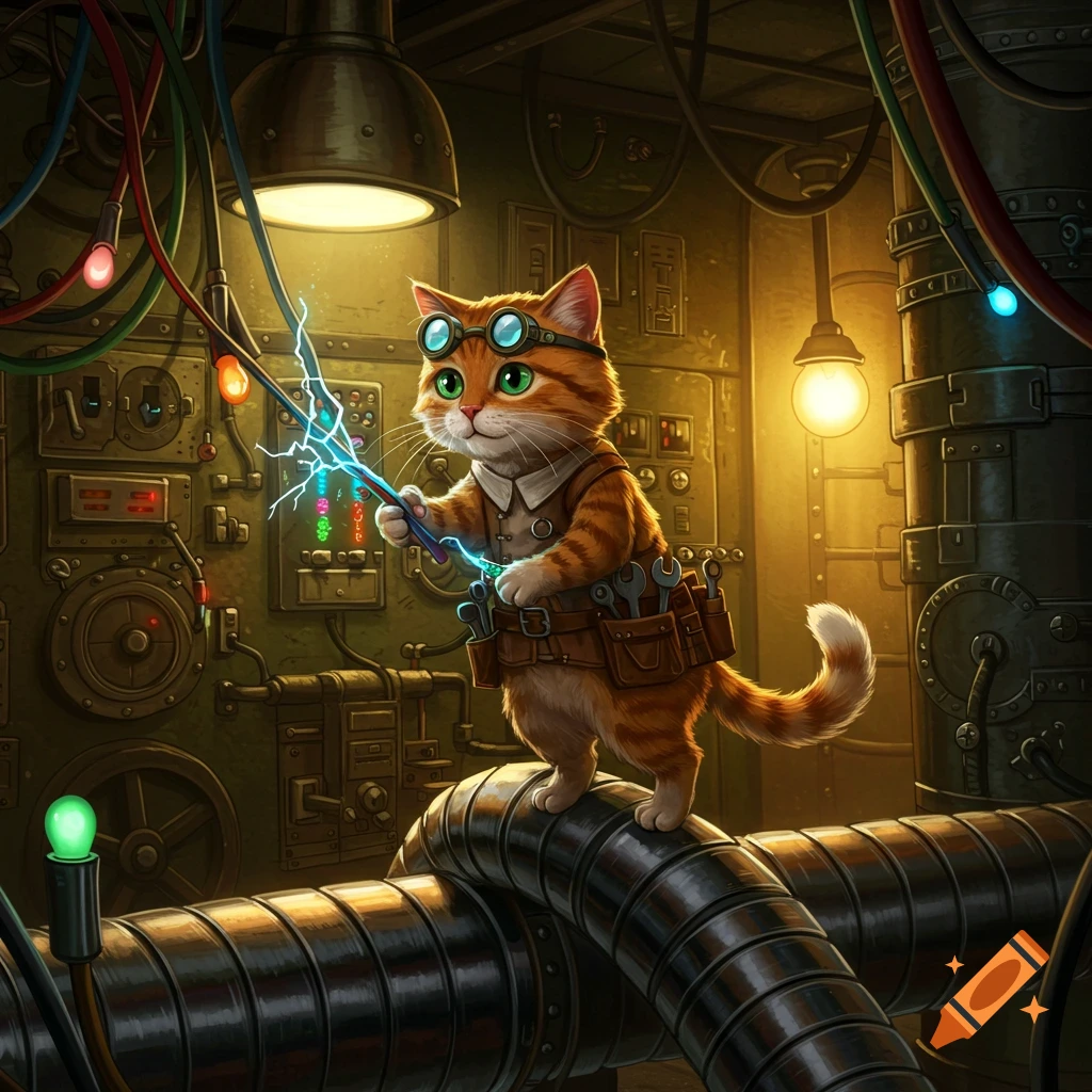 An anthropomorphic orange cat with goggles and a tool belt stands on pipes in a dark, wired industrial room, holding a sparking electrical tool.