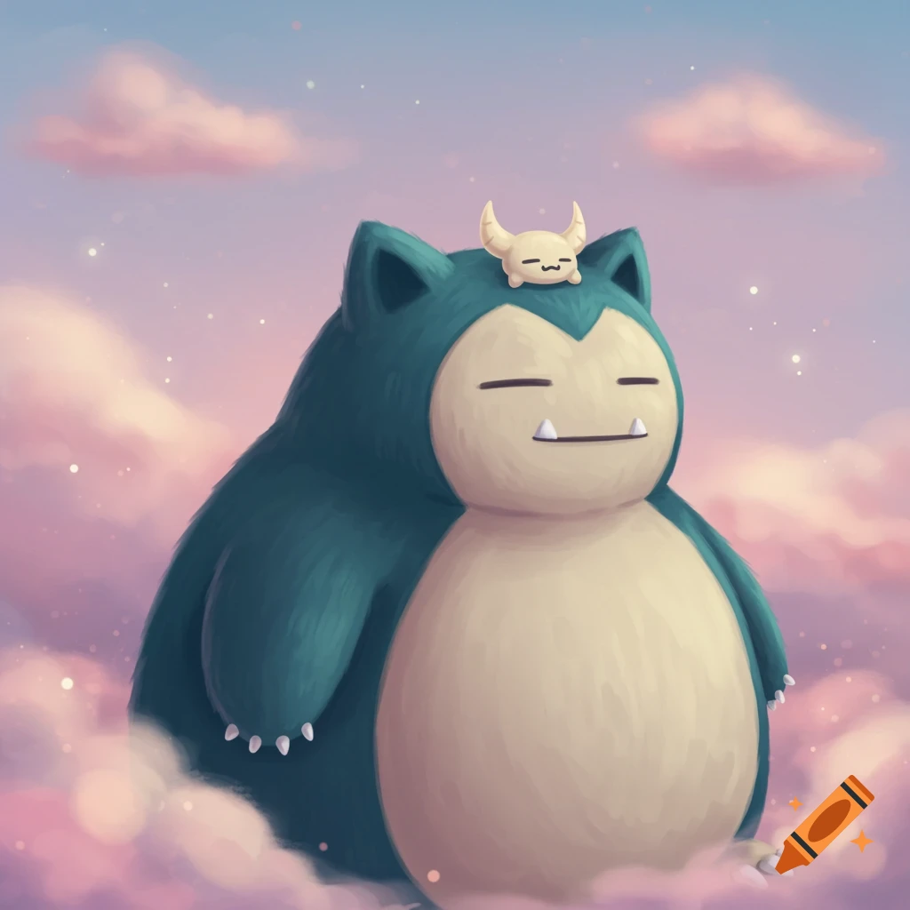 A digital illustration of a contented Snorlax floating amongst pink and purple clouds, with a small white horned creature on its head.